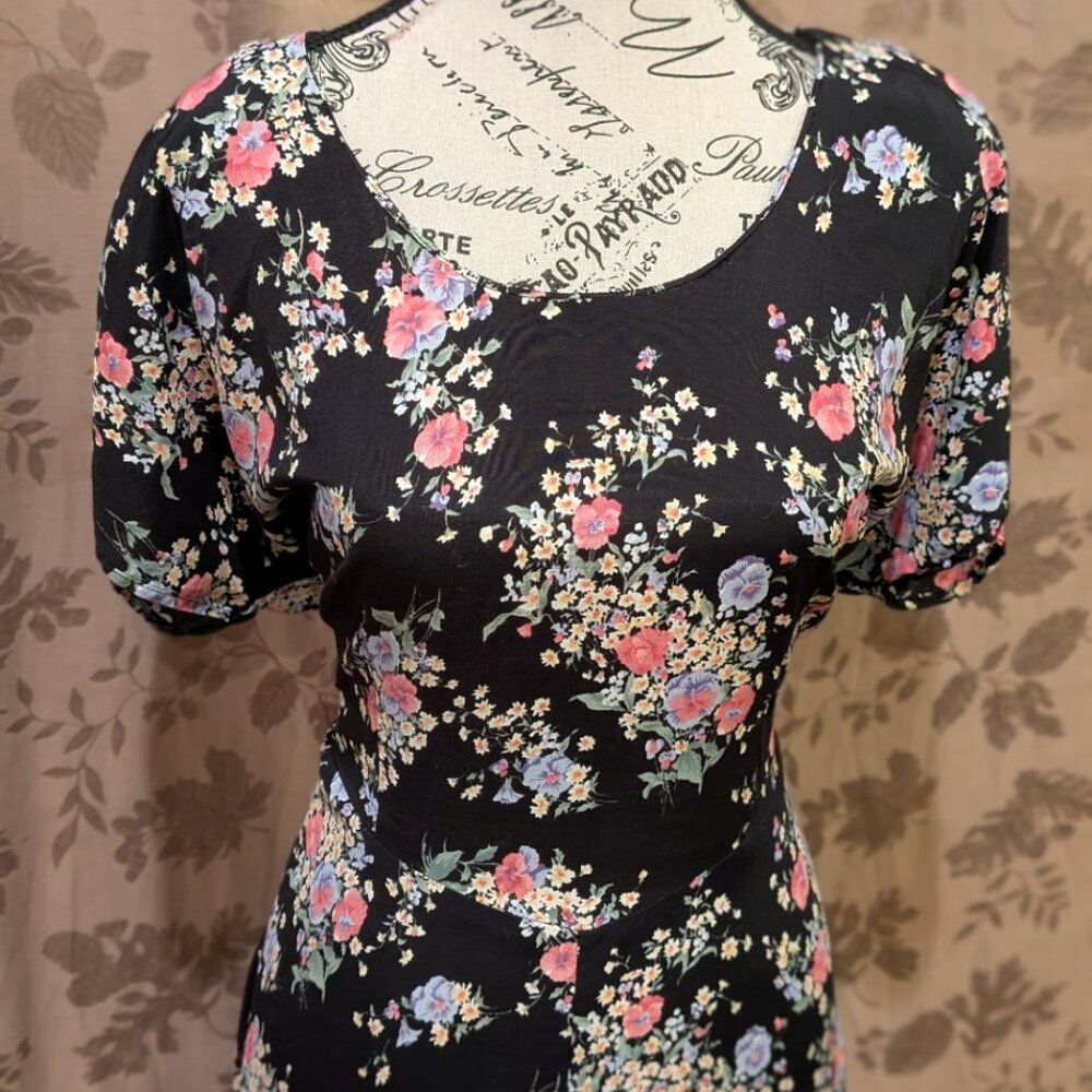 Young Edwardian Vintage Black Floral Midi Dress, Size 11, EUC! - Picture 2 of 7